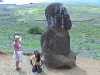 Inge checks out the kneeling Moai at the quarry